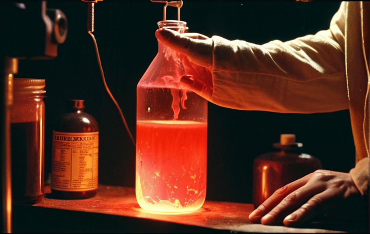 **Darkroom Alchemist's Touch**: A close-up shot of a photographer's hands, stained with chemicals, carefully agitating a developing tank in a dimly lit analog darkroom. The scene is bathed in a warm, ethereal red safelight glow, highlighting vintage equipment, chemical bottles, and a hint of film negatives hanging to dry. Emphasize the tactile, magical, and artisanal process of film development, with a sense of quiet concentration and an almost alchemical transformation. Detailed, cinematic, moody lighting, subtle film grain, sharp focus on hands and equipment.
