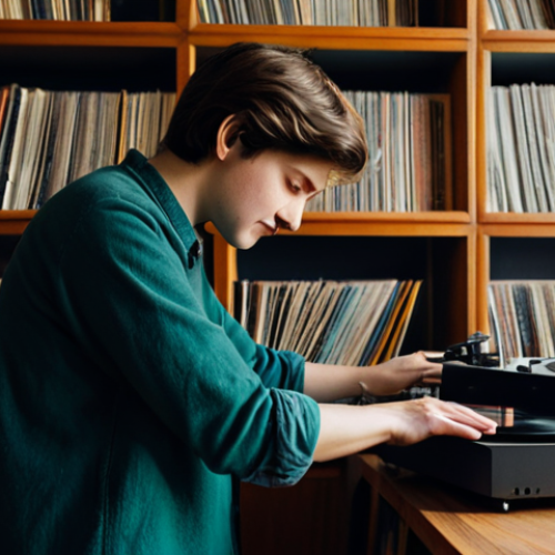 A young adult music enthusiast, fully clothed in modest, comfortable attire, gently placing a vinyl record onto a vintage turntable in a warmly lit, cozy living room. Shelves filled with a curated collection of records are visible in the soft background. The scene evokes a sense of calm immersion and appreciation for analog sound. Safe for work, appropriate content, perfect anatomy, natural pose, well-formed hands, correct proportions, professional photography, high quality, family-friendly.