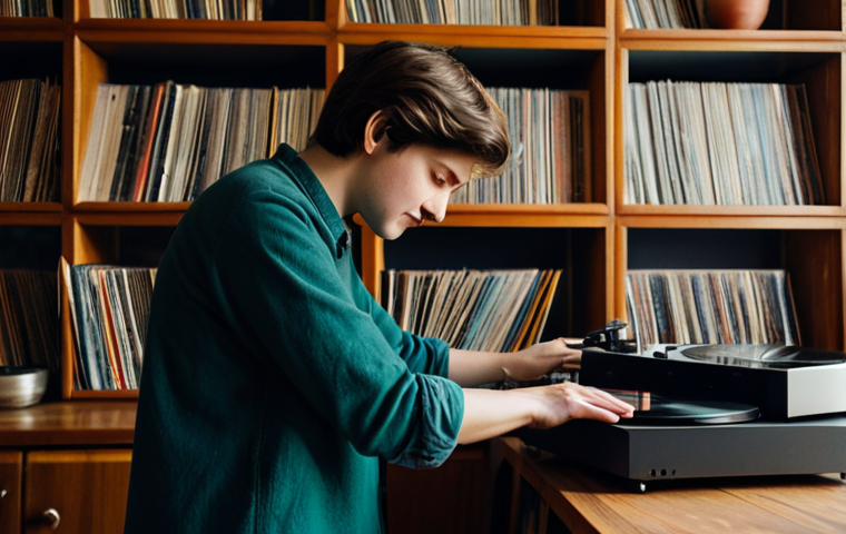 A young adult music enthusiast, fully clothed in modest, comfortable attire, gently placing a vinyl record onto a vintage turntable in a warmly lit, cozy living room. Shelves filled with a curated collection of records are visible in the soft background. The scene evokes a sense of calm immersion and appreciation for analog sound. Safe for work, appropriate content, perfect anatomy, natural pose, well-formed hands, correct proportions, professional photography, high quality, family-friendly.