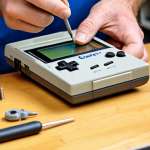 Restoring a Game Boy**

"A close-up shot of hands carefully repairing a classic Game Boy console on a clean, well-lit workbench. The focus is on the intricate details of the electronics and the tools being used (small screwdriver, tweezers). The person is wearing a short-sleeved polo shirt. Include a small container holding screws. safe for work, appropriate content, fully clothed, perfect anatomy, correct proportions, natural pose, professional, family-friendly. "High quality photo, sharp focus, bright lighting."

**