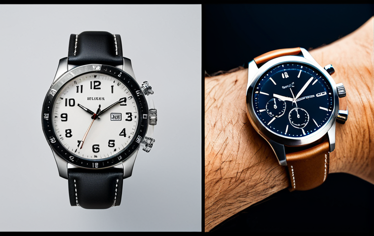 스마트워치와 아날로그 시계 비교 - Timeless Elegance vs. Modern Tech**

"A split image showcasing a classic analog watch with a leather...
