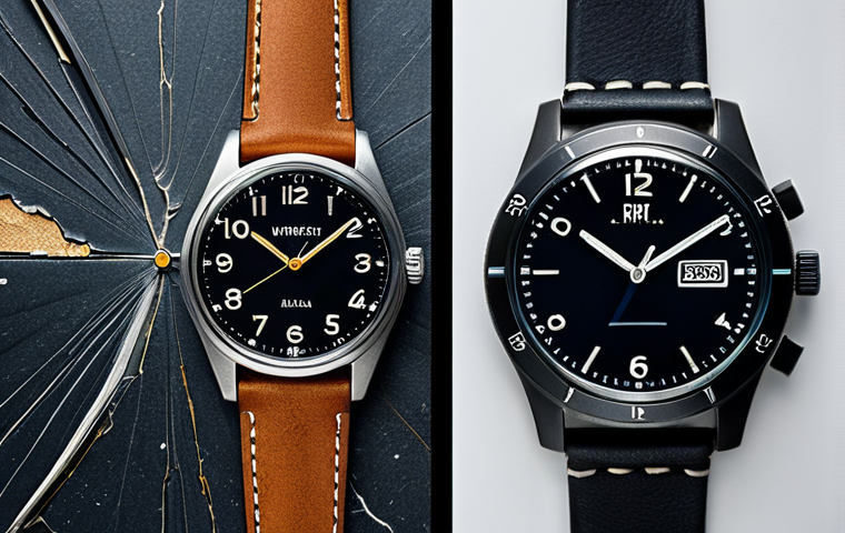 스마트워치와 아날로그 시계 비교 - Health & Style On the Wrist**

"A person wearing both an analog watch (gold, elegant) and a smartwat...