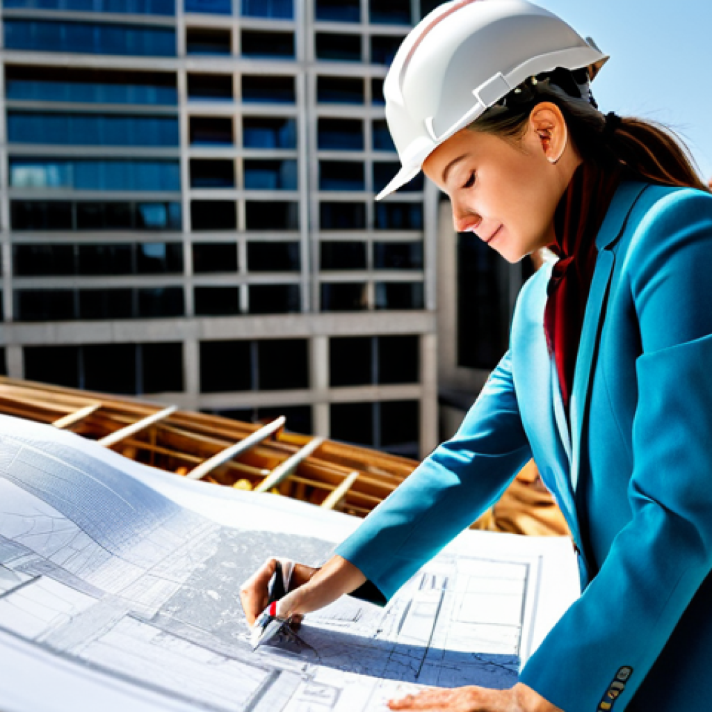 아날로그 카메라 수리 - ** A professional female architect, fully clothed in a stylish and modest pantsuit, reviewing bluepr...
