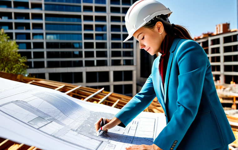 아날로그 카메라 수리 - ** A professional female architect, fully clothed in a stylish and modest pantsuit, reviewing bluepr...