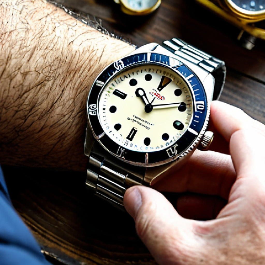 아날로그 시계 수집가들의 팁 - The Discovery**

"A close-up shot of a person's hands carefully examining a vintage Swiss diving wat...