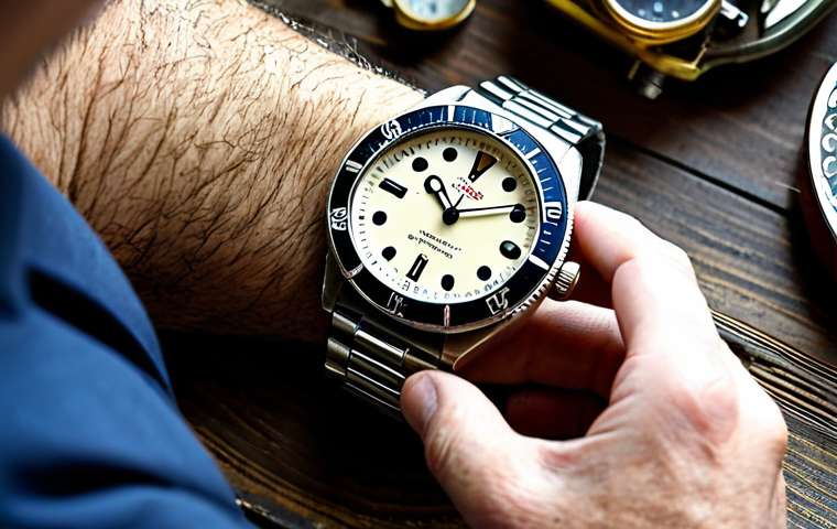 아날로그 시계 수집가들의 팁 - The Discovery**

"A close-up shot of a person's hands carefully examining a vintage Swiss diving wat...