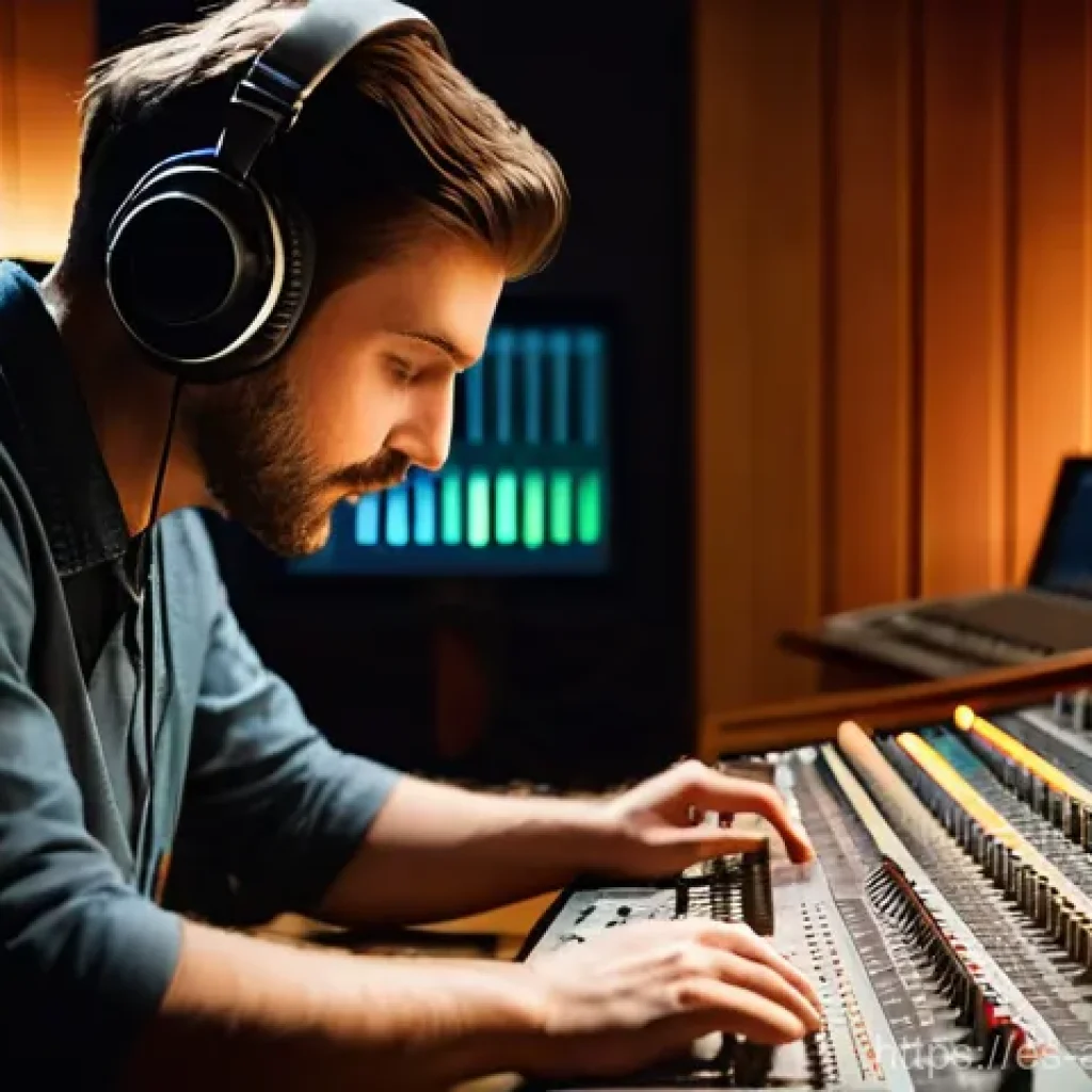 아날로그 오디오 필터 - A fully clothed audio engineer, perhaps in a stylish but casual studio outfit, intently operating a ...