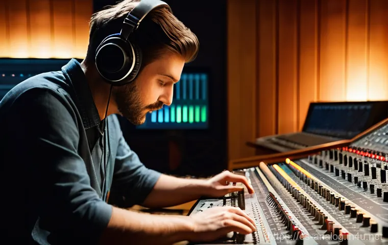 아날로그 오디오 필터 - A fully clothed audio engineer, perhaps in a stylish but casual studio outfit, intently operating a ...