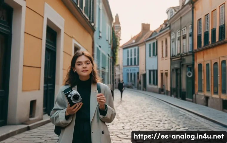 레트로 아날로그 카메라 - **Prompt:** A young woman, dressed in comfortable, stylish street clothes, holds a vintage analog ca...