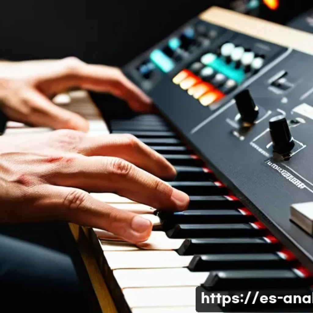 아날로그 합성기 - A close-up, highly detailed shot of a musician's hands, wearing a simple long-sleeved shirt, gently ...