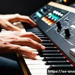 아날로그 합성기 - A close-up, highly detailed shot of a musician's hands, wearing a simple long-sleeved shirt, gently ...