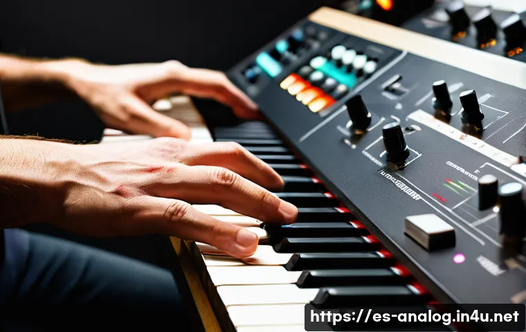 아날로그 합성기 - A close-up, highly detailed shot of a musician's hands, wearing a simple long-sleeved shirt, gently ...