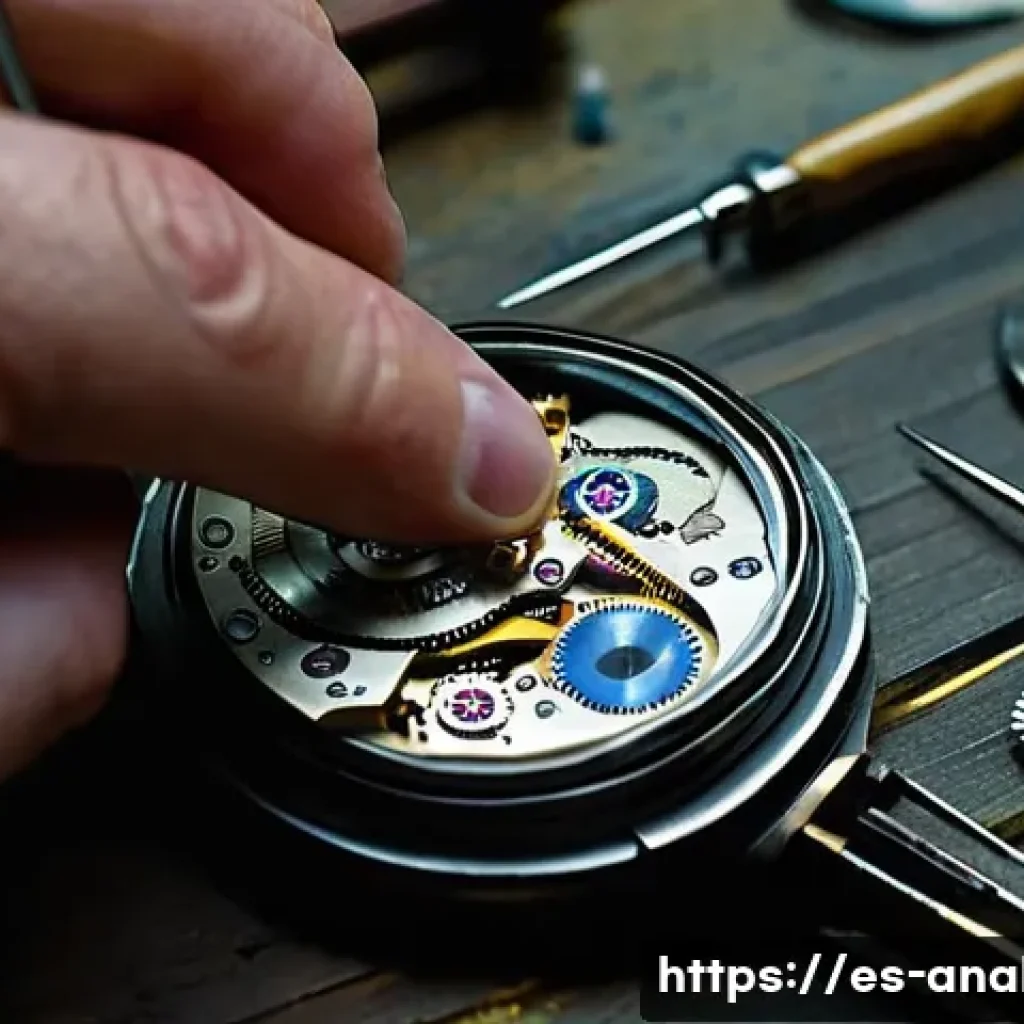 아날로그 시계 유지보수 - A close-up, highly detailed shot of a skilled watchmaker's hands meticulously working on the delicat...