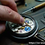 아날로그 시계 유지보수 - A close-up, highly detailed shot of a skilled watchmaker's hands meticulously working on the delicat...
