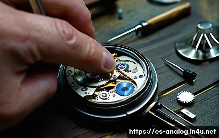 아날로그 시계 유지보수 - A close-up, highly detailed shot of a skilled watchmaker's hands meticulously working on the delicat...