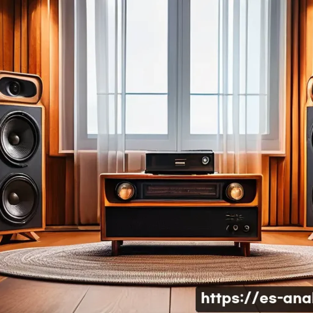 아날로그 오디오 스피커 - A cozy vintage listening room featuring a classic analog speaker made of solid wood with visible han...