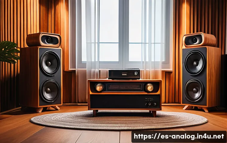 아날로그 오디오 스피커 - A cozy vintage listening room featuring a classic analog speaker made of solid wood with visible han...