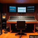아날로그 레코딩 마스터링 - A warm, cozy analog mastering studio scene with vintage audio equipment like Fairchild 670 compresso...