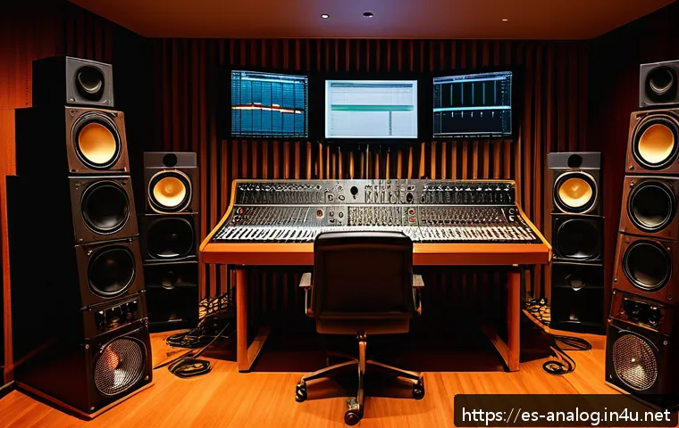 아날로그 레코딩 마스터링 - A warm, cozy analog mastering studio scene with vintage audio equipment like Fairchild 670 compresso...