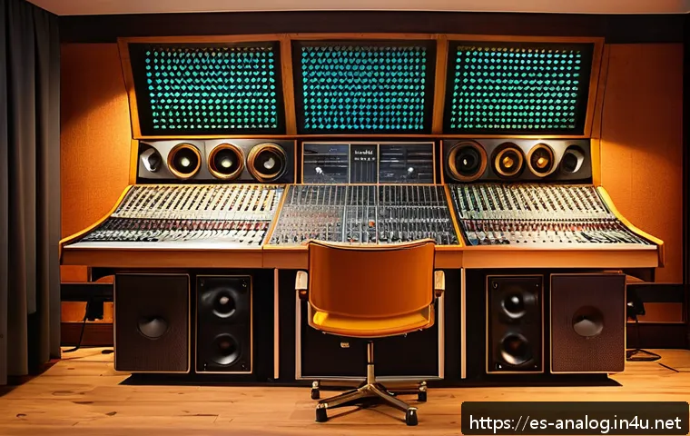 아날로그 레코딩 스튜디오 - A cozy vintage recording studio interior featuring classic analog equipment: a large SSL 4000 mixing...