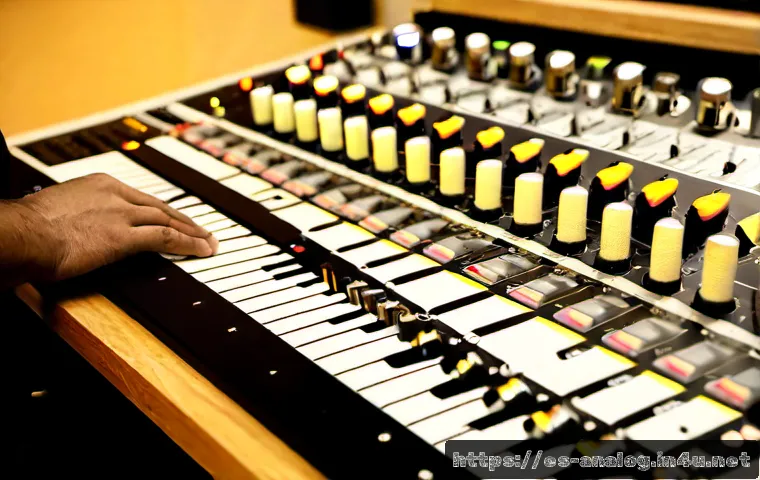 아날로그 레코딩 믹싱 - Photorealistic close-up of an analog recording studio mixing console, warm wooden desk, rows of tact...