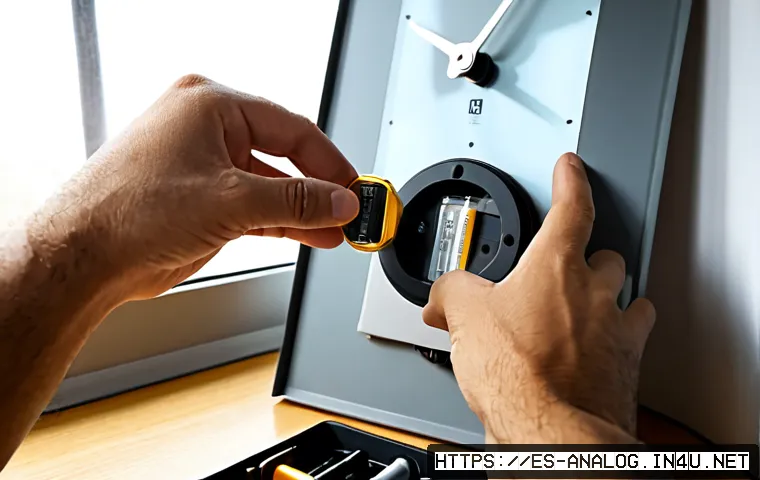 Home 17 아날로그 시계 배터리 교체 방법 - Photorealistic close-up of an adult’s hands replacing the small coin-cell battery in a simple analog...