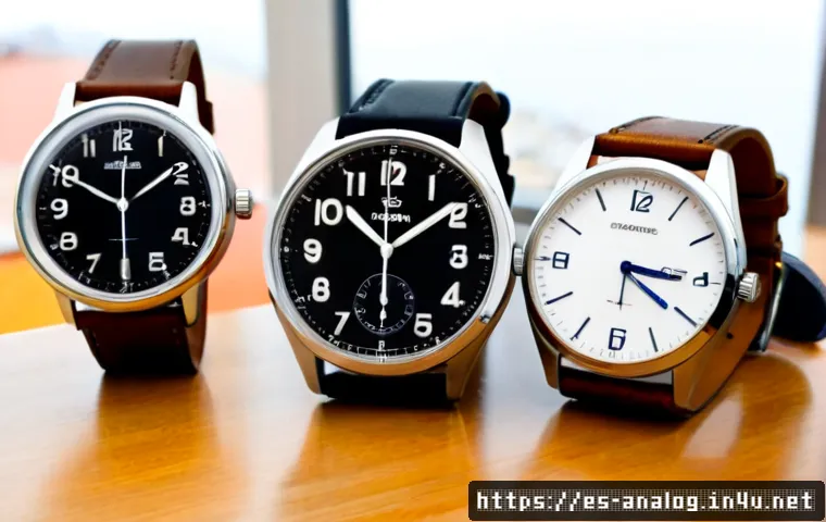 아날로그 시계 브랜드 - Photorealistic luxury analog wristwatch comparison scene on a polished walnut table in a bright Madr...